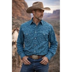 Tin Haul Mens Large Blue Floral Western Pearl Snap Shirt Long Sleeve Cotton
